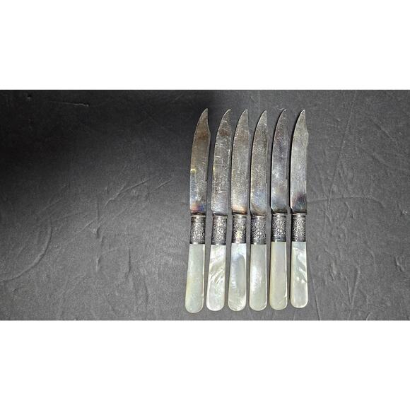 Mother of Pearl Fruit Knives Set of 6 Sterling Ferrule India Stainless Blades - Picture 1 of 10